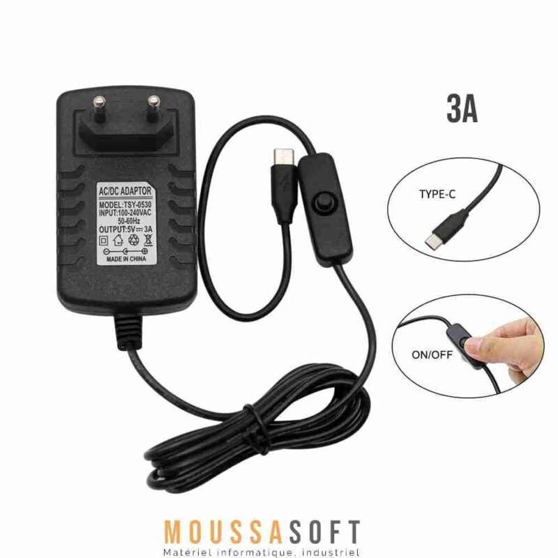 Alimentation pour Raspberry Pi 4 modèle B, USB de type C, 5 V, 3 A,