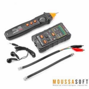 * Le testeur de câblage de réseaux RJ-45/RJ11 PEAKMETER PM6816 est livré avec un récepteur, un émetteur, un écouteur, des câbles de test et un sac noir pour un transport et un stockage faciles. Il est alimenté par une batterie 9V pour le récepteur et 3 piles AA pour l'émetteur.