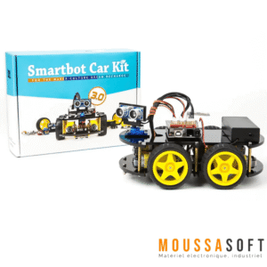 Image du Kit de voiture 4 roues Multi-Fonctions Robot intelligent KUONGSHUN V3.0. La voiture robot est assemblée, prête à être utilisée. Elle est équipée de capteurs infrarouges et ultrasoniques pour détecter les obstacles et ajuster sa trajectoire en conséquence. Le kit comprend également une application Android pour un contrôle sans fil.