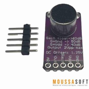 MAX9814 Amplificateur Audio À Microphone La photo montre un petit circuit imprimé avec l'inscription "MAX9814" au centre et plusieurs composants électroniques autour. Il s'agit de l'amplificateur audio à microphone MAX9814, qui permet d'amplifier les signaux audio captés par un microphone. Cet amplificateur est souvent utilisé dans les applications de reconnaissance vocale, de traitement audio et de communication.