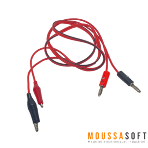 Câble de test avec fiche banane et clip crocodile pour mesures électriques.