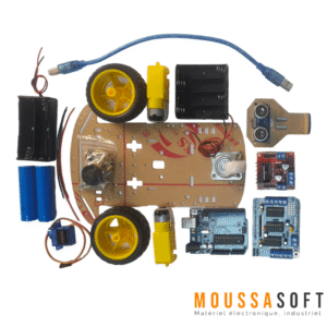 Image d'un kit robot éviteur d'obstacle pour voiture 2WD. Le kit contient deux roues motrices, un capteur d'obstacle ultrasonique, une carte de contrôle et tous les câbles nécessaires.