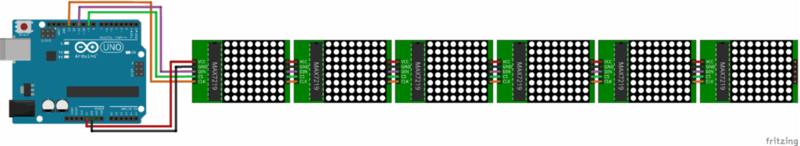 Comment utiliser 8×8 LED matrice avec MAX7219 module pour Arduino 7 Schéma de montage pour plusieurs matrices LED 8x8 en cascade avec Arduino
