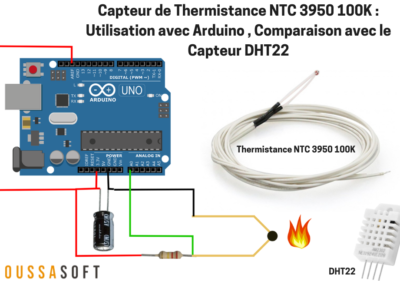 Image d'un capteur de thermistance NTC 3950 100K avec un câblage Arduino en arrière-plan, utilisé pour des mesures de température précises et réactives.